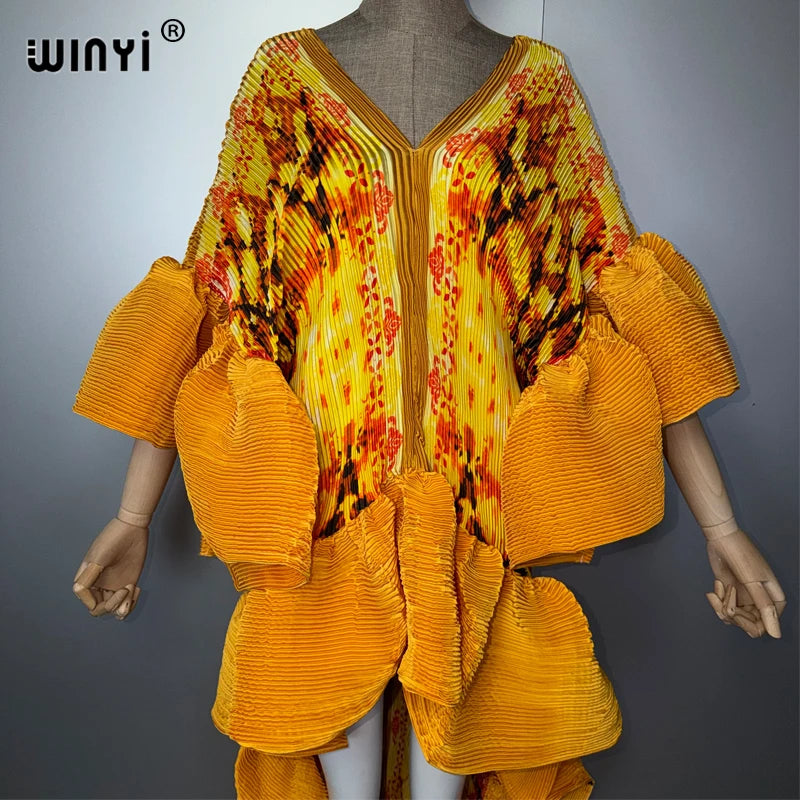 Pleated Boho Maxi Kaftan Dress – Elastic Loose Fit
