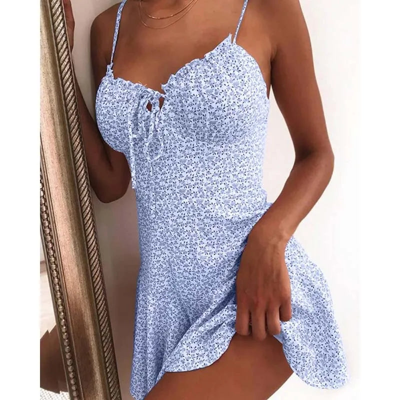 Floral Print A-Line Mini Dress With Spaghetti Straps