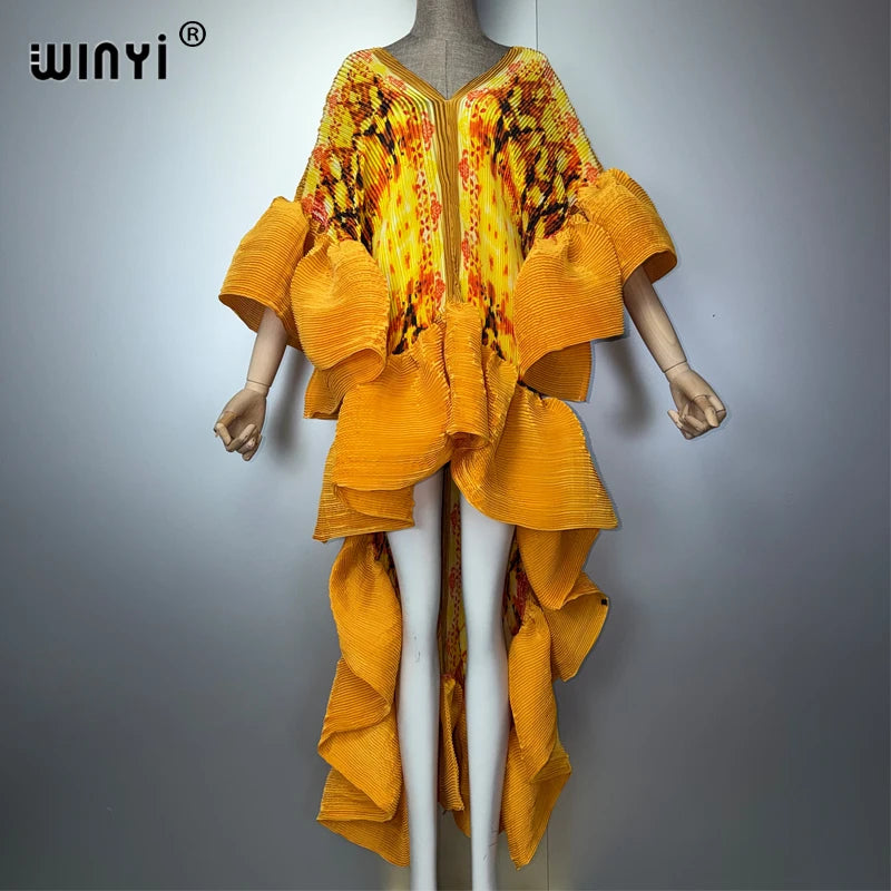 Pleated Boho Maxi Kaftan Dress – Elastic Loose Fit