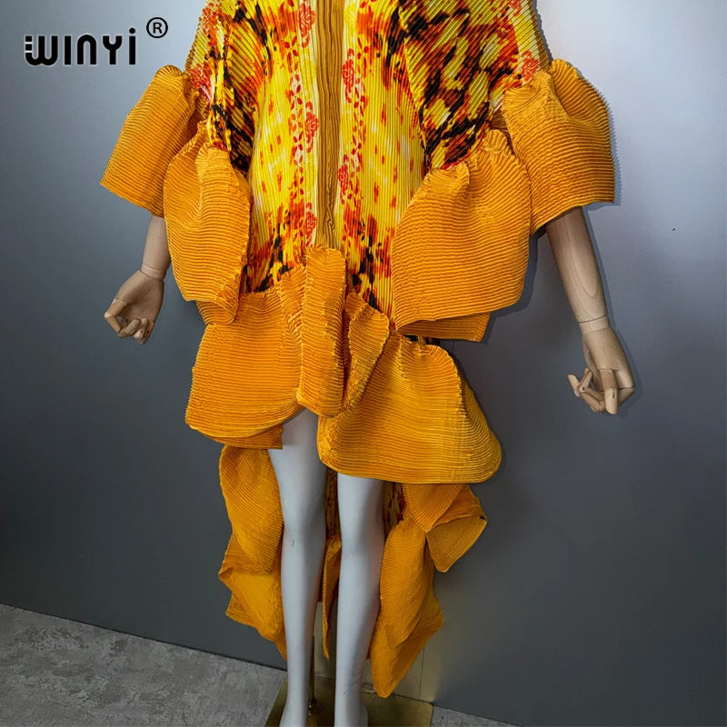 Pleated Boho Maxi Kaftan Dress – Elastic Loose Fit