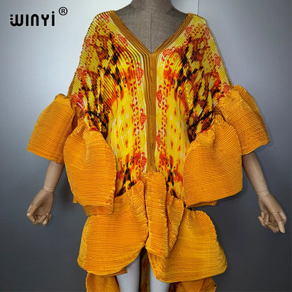 Pleated Boho Maxi Kaftan Dress – Elastic Loose Fit