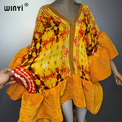 Pleated Boho Maxi Kaftan Dress – Elastic Loose Fit