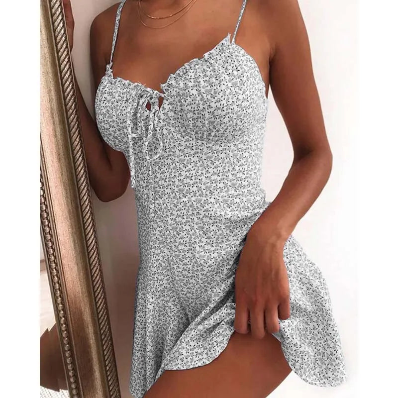 Floral Print A-Line Mini Dress With Spaghetti Straps