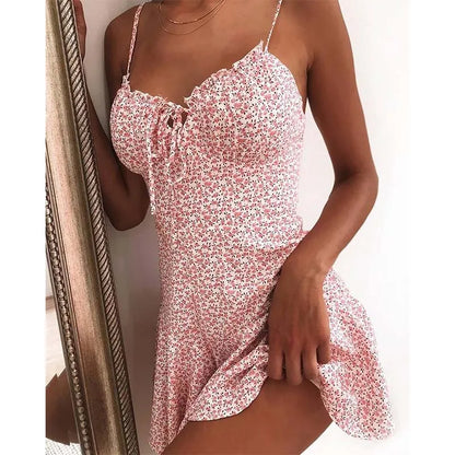 Floral Print A-Line Mini Dress With Spaghetti Straps