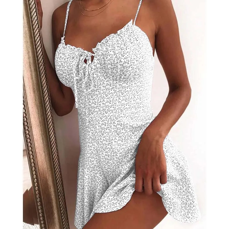 Floral Print A-Line Mini Dress With Spaghetti Straps